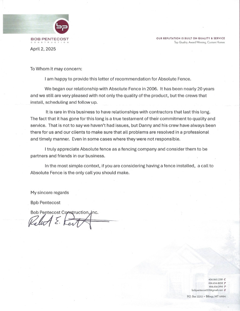 Absolute Fence review letter